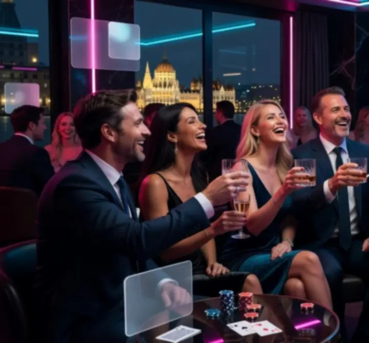 Lounge party hangulat, vendégek neonfényes környezetben