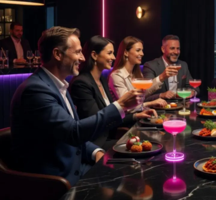 Koktélok és gasztro fogások éjszakai neonfényes lounge környezetben