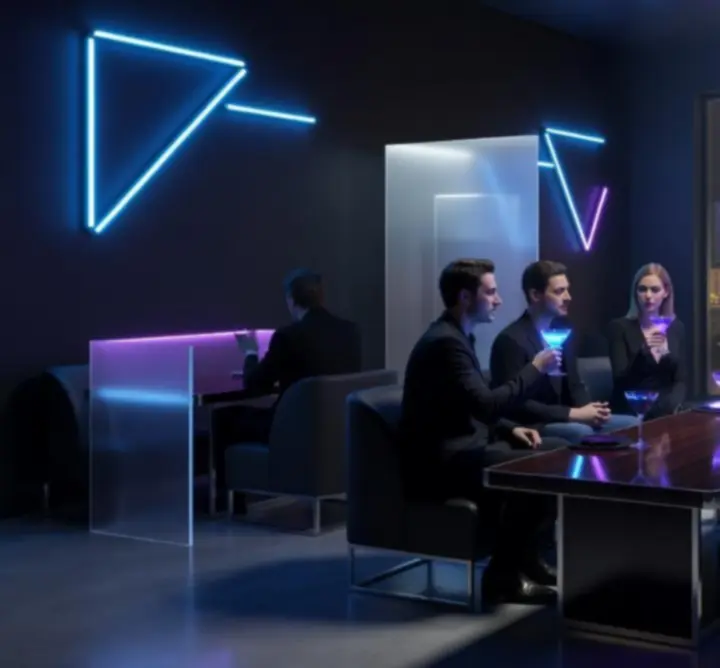 Neonfényes városi lounge éjszaka, koktélokkal és baráti társaságokkal