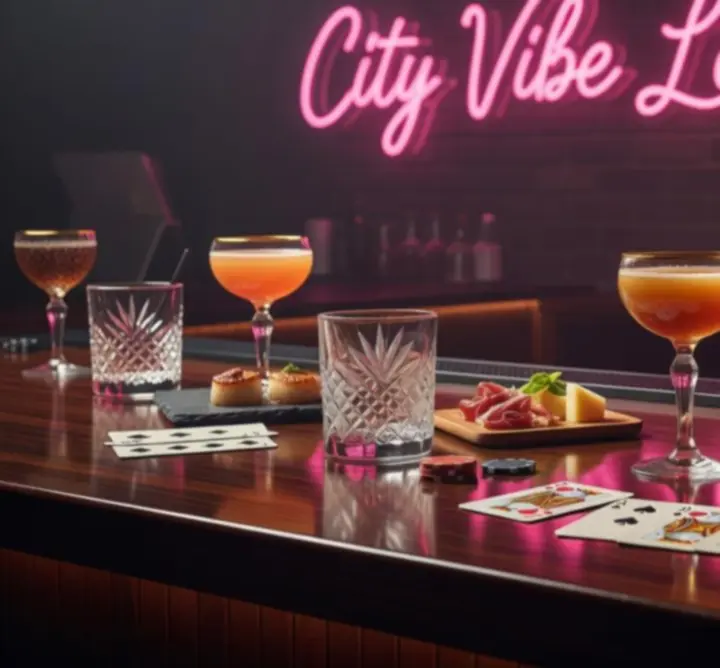 Elegáns koktélok és falatok egy sötét asztalon, neon lounge háttérrel