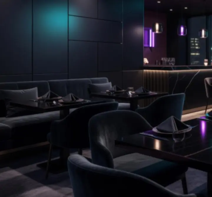 Modern neonlounge éttermi tér, elegáns vacsorázó vendégekkel a SEC (SCIAGES ET CURAGES) ban.