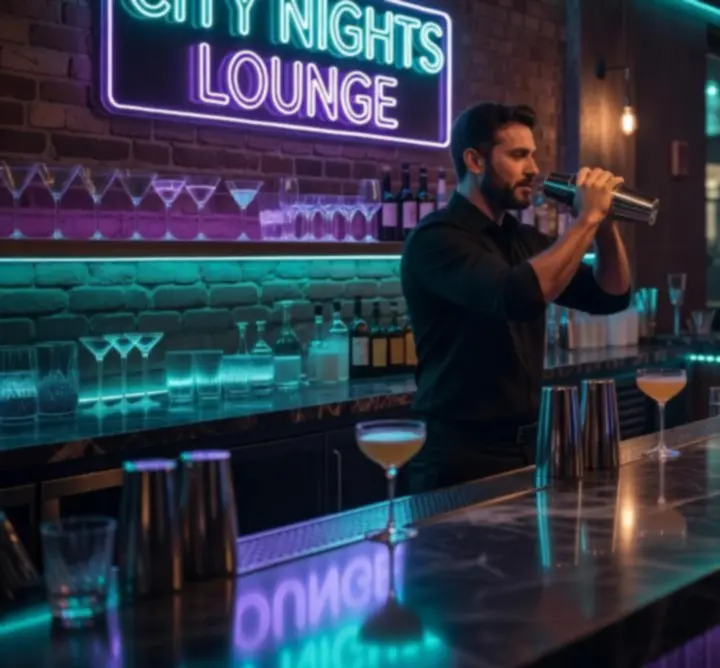 Vibráló, neonfényes bár- és lounge rész a SEC (SCIAGES ET CURAGES) ban, üvegfelületekkel és hangulatvilágítással.