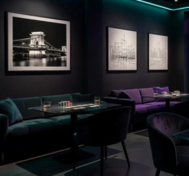 Neon fényekkel megvilágított elegáns pókerasztal a City Vibe Lounge-ban